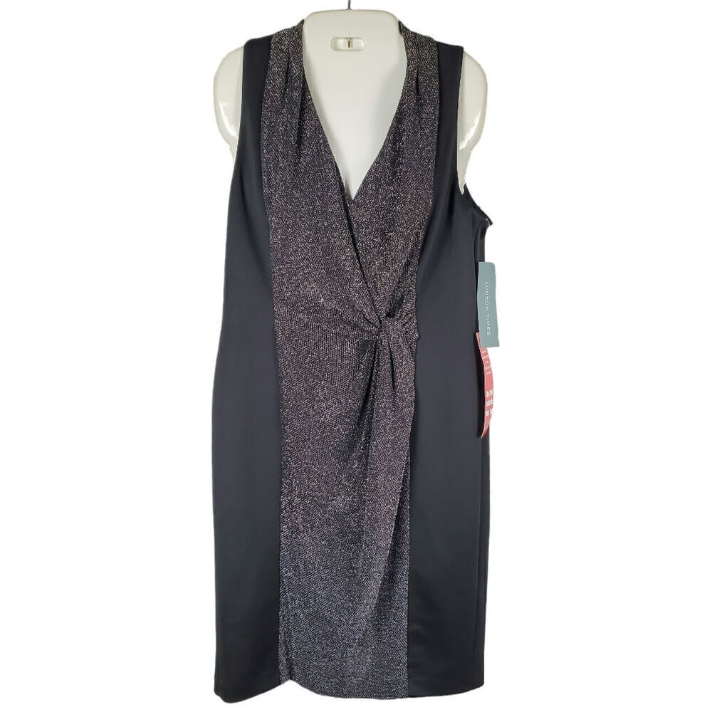 London Times Black Silver Knotted Sheath Dress NWT Sz 10 Metallic Glam Cocktail